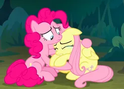 Size: 376x271 | Tagged: safe, derpibooru import, screencap, fluttershy, pinkie pie, earth pony, pegasus, pony, the mean 6, comforting, crying, duo, duo female, female, hug, image, png, sad