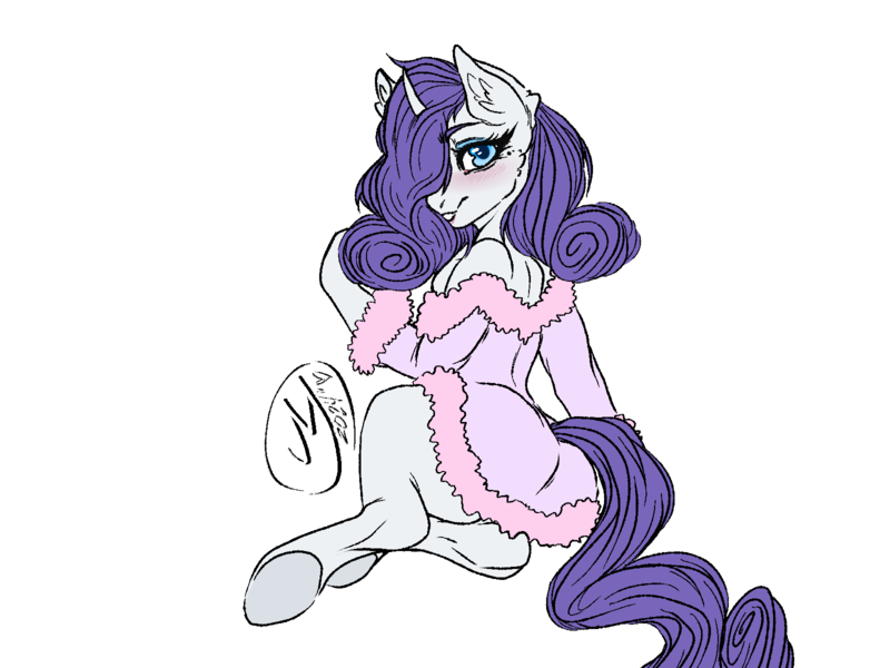 Size: 1600x1200 | Tagged: suggestive, artist:momma-fleur, derpibooru import, rarity, unicorn, blushing, clothes, cute, digital art, ear fluff, fluffy, g4, horn, image, png, raribetes, robe, signature, simple background, solo, stupid sexy rarity, transparent background