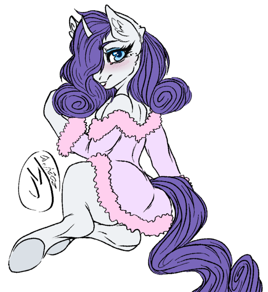 Size: 1044x1138 | Tagged: suggestive, artist:momma-fleur, derpibooru import, rarity, unicorn, blushing, clothes, cute, ear fluff, fluffy, g4, horn, image, png, raribetes, robe, signature, simple background, solo, stupid sexy rarity, transparent background