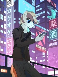 Size: 2250x3000 | Tagged: safe, artist:dash wang, derpibooru import, neon lights, princess luna, queen chrysalis, rising star, oc, oc:cream brun, anthro, unicorn, city, clothes, cyberpunk, horn, image, male, phone, png