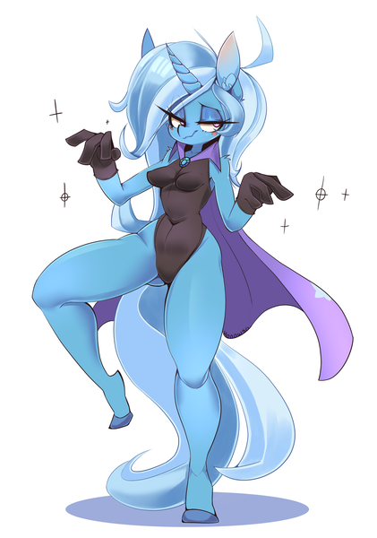 Size: 2096x2985 | Tagged: safe, artist:honowyn, derpibooru import, trixie, anthro, unguligrade anthro, unicorn, clothes, female, gloves, high res, horn, image, leotard, magician outfit, png, raised leg, simple background, solo, white background