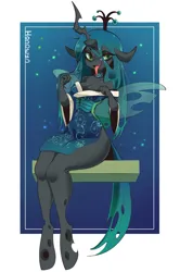 Size: 1608x2424 | Tagged: safe, artist:honowyn, derpibooru import, queen chrysalis, anthro, changeling, changeling queen, unguligrade anthro, clothes, commission, female, image, kimono (clothing), passepartout, png, sitting, solo