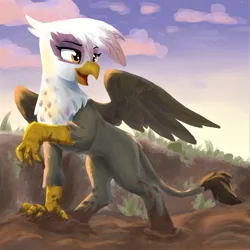 Size: 2918x2918 | Tagged: safe, artist:pzkratzer, derpibooru import, gilda, gryphon, cloud, cloudy, dirty, image, mud, muddy, muddy hooves, png, ravine, solo, spread wings, stars, sunset, swamp, wings