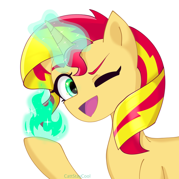 Size: 4000x4000 | Tagged: safe, artist:cattstaycool, derpibooru import, sunset shimmer, pony, unicorn, female, fire, g4, horn, image, looking at you, magic, magic aura, mare, one eye closed, png, simple background, white background, wink, winking at you