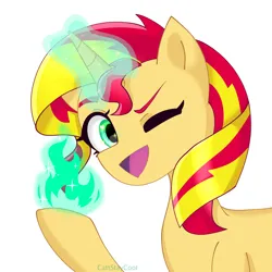 Size: 4000x4000 | Tagged: safe, artist:cattstaycool, derpibooru import, sunset shimmer, pony, unicorn, female, fire, g4, horn, image, looking at you, magic, magic aura, mare, one eye closed, png, simple background, white background, wink, winking at you