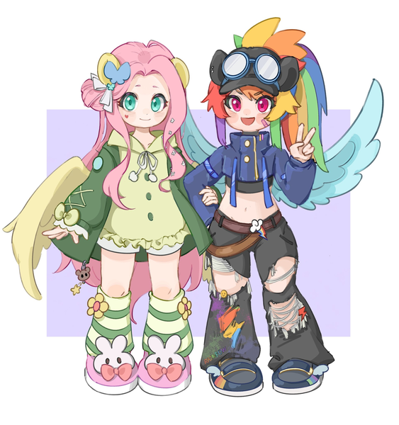 Size: 1923x2048 | Tagged: safe, artist:chonpskss, derpibooru import, fluttershy, rainbow dash, human, bandaid, clothes, cutie mark, cutie mark on clothes, denim, duo, duo female, female, flower, flower in hair, g4, goggles, goggles on head, hat, humanized, image, jeans, midriff, pants, passepartout, peace sign, png, pony ears, ponytail, purple background, ripped jeans, ripped pants, shoes, simple background, spread wings, torn clothes, winged humanization, wings