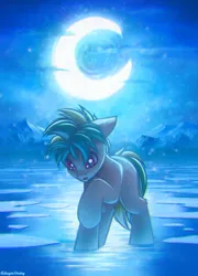 Size: 1800x2500 | Tagged: safe, artist:adagiostring, derpibooru import, oc, unofficial characters only, earth pony, pony, fanfic, commission, cover art, covering, fanfic art, image, looking down, male, moon, mountain, night, ocean, png, shiny, shocked, snow, snowfall, solo, solo focus, stallion, standing, water, winter