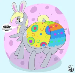 Size: 4122x4000 | Tagged: suggestive, artist:lukewarmluke, derpibooru import, derpy hooves, pegasus, pony, bodypaint, bunny ears, bunny tail, butt, cross-eyed, digital art, easter, easter egg, fat, female, g4, holiday, huge butt, hyper, hyper butt, image, impossibly large butt, large butt, png, simple background, solo, solo female, spread wings, tail, wide hips, wings