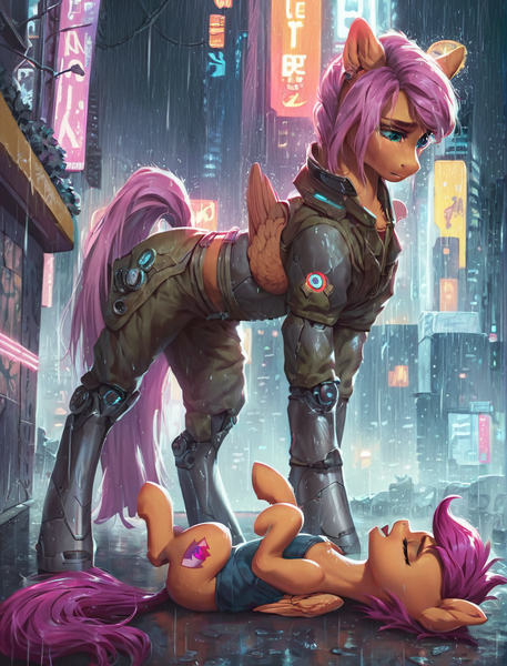 Size: 1000x1312 | Tagged: safe, ai content, derpibooru import, machine learning generated, prompter:star-dragon, stable diffusion, scootaloo, pegasus, pony, city, cybernetic legs, cyberpunk, duo, duo female, ear fluff, female, fluffy, generator:pony diffusion v6 xl, image, implied time travel, neon, night, older, older scootaloo, png, rain, self ponidox, street