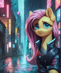 Size: 1000x1200 | Tagged: safe, ai content, derpibooru import, machine learning generated, prompter:star-dragon, stable diffusion, fluttershy, pegasus, pony, bust, city, cyberpunk, ear fluff, female, generator:pony diffusion v6 xl, image, mare, neon, night, png, portrait, rain, solo, street