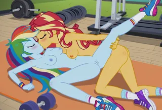 Size: 1216x832 | Tagged: explicit, ai content, machine learning generated, stable diffusion, rainbow dash, sunset shimmer, human, equestria girls, asymmetrical docking, blushing, busty rainbow dash, busty sunset shimmer, caress, exhibitionism, eyes closed, french kiss, gym, holding leg, horny, image, in love, jpeg, leg up pose, lesbian couple, lying down, moaning, moaning in pleasure, nudist rainbow dash, nudist sunset shimmer, nudity, seductive pose, sexy, shipping, sneakers, stretcher, stretching, weights, yoga mat