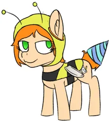 Size: 899x995 | Tagged: safe, alternate version, artist:toricelli, derpibooru import, oc, oc:scribbles, earth pony, pony, alternate hairstyle, animal costume, antennae, bad costume, bedroom eyes, bee costume, clothes, colored sketch, colt, costume, foal, hat, image, looking at you, male, party hat, png, sketch, smug, solo, transparent wings, wings
