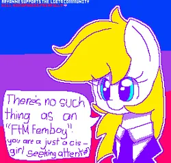 Size: 273x260 | Tagged: safe, artist:aryannespetfemboy, ponerpics import, oc, oc:aryanne, unofficial characters only, pony, aria property cinematic universe, bisexual, bisexual pride flag, clothes, image, lgbt, nazi, nazi uniform, png, politics, pride, pride flag, speech, speech bubble, talking, text, uniform