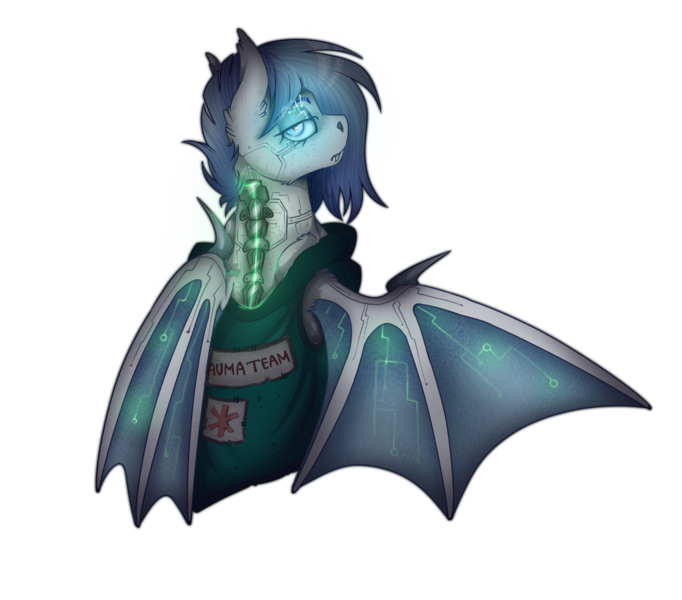 Size: 2500x2200 | Tagged: safe, artist:molars, derpibooru import, oc, oc:peace keeper, unofficial characters only, bat pony, cyborg, pony, blue mane, commission, cyberpunk, female, glow, grey fur, image, mare, png, sandevistan, simple background, solo, transparent background, trauma team