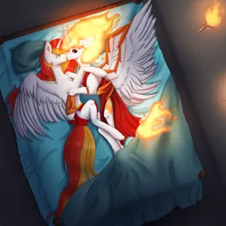 Size: 7000x7000 | Tagged: safe, derpibooru import, daybreaker, nightmare star, princess celestia, oc, oc:king phoenix, alicorn, bed, bedroom, celenix, clothes, dress, fire, image, jewelry, loincloth, png, regalia, room, royalty, torch, underwear