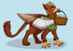 Size: 3000x2121 | Tagged: safe, artist:irhileth, derpibooru import, oc, oc:pavlos, gryphon, bandage, basket, beak, beak hold, blue background, broken bone, broken wing, cast, cheek fluff, claws, clothes, colored wings, commission, eared griffon, easter, easter egg, griffon oc, holiday, image, injured, jpeg, male, mouth hold, non-pony oc, simple background, sling, tail, wings