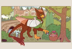 Size: 1598x1100 | Tagged: safe, artist:tokori, derpibooru import, oc, oc:pavlos, gryphon, bandage, beak, bridge, broken bone, broken wing, cast, cheek fluff, claws, clothes, cloud, colored wings, commission, eared griffon, easter, easter egg, griffon oc, happy, holiday, image, injured, male, non-pony oc, png, river, sling, smiling, tail, tree, village, water, wings