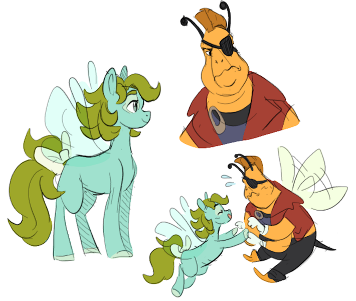 Size: 2131x1800 | Tagged: safe, artist:baylard, derpibooru import, morning glory, sting (g1), bee, flutter pony, insect, pony, g1, my little pony 'n friends, the end of flutter valley, female, image, male, mare, png, simple background, white background