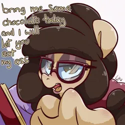 Size: 2200x2200 | Tagged: suggestive, artist:lou, derpibooru import, oc, oc:louvely, unofficial characters only, earth pony, pony, bedroom eyes, dialogue, earth pony oc, female, glasses, image, jpeg, mare, solo