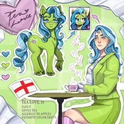 Size: 1500x1500 | Tagged: safe, artist:caosolita, derpibooru import, tealove, earth pony, human, pony, clothes, coat, cup, ear piercing, earring, eyeshadow, face tattoo, female, food, freckles, gloves, grin, heart, humanized, image, jewelry, makeup, mare, necklace, piercing, png, reference sheet, shirt, skirt, smiling, socks, solo, stockings, table, tattoo, tea, teacup, thigh highs, unshorn fetlocks
