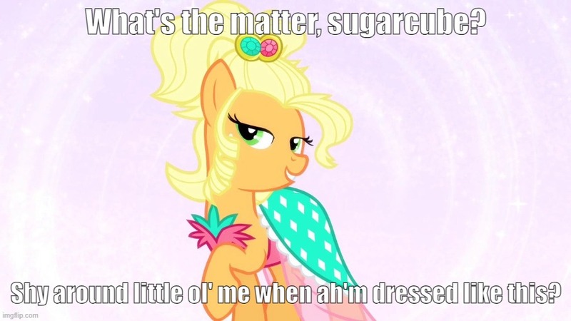 Size: 888x499 | Tagged: safe, derpibooru import, edit, edited screencap, screencap, applejack, simple ways, applejewel, caption, clothes, dress, flirting, g4, image, image macro, imgflip, jpeg, talking to viewer, text