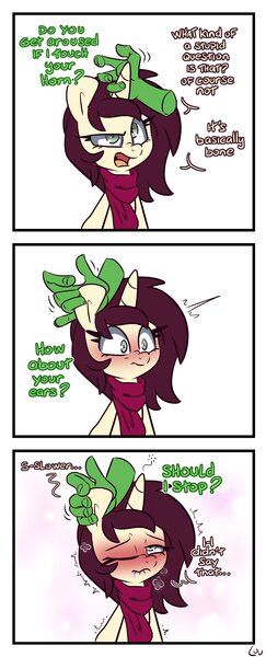 Size: 1392x3432 | Tagged: suggestive, artist:lou, derpibooru import, oc, oc:anon, oc:nari, unofficial characters only, pony, unicorn, ask, blushing, breath, clothes, comic, dialogue, disembodied hand, ear scratch, female, female focus, hand, horn, horn grab, image, jpeg, lip bite, mare, offscreen character, one eye closed, patgasm, scarf, simple background, solo focus, white background