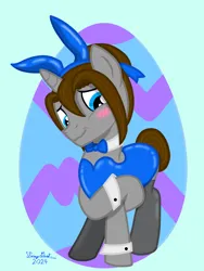 Size: 3072x4096 | Tagged: suggestive, artist:twiny dust, derpibooru import, oc, oc:dust, unicorn, animal costume, awkward smile, background, blushing, bowtie, bunny costume, bunny suit, clothes, costume, crossdressing, easter, easter egg, embarrassed, hair bun, hair ribbon, holiday, horn, image, playboy bunny, png, ribbon, smiling, socks, solo, stockings, tail, tail bun, thigh highs, unicorn oc