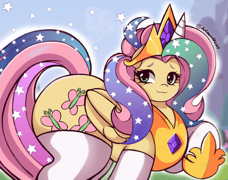 Size: 2048x1616 | Tagged: safe, artist:artmorheart, derpibooru import, fluttershy, pegasus, pony, adorasexy, background, clothes, cosplay, costume, crown, cute, g4, image, jewelry, large butt, png, princess fluttershy, regalia, sexy, shylestia, smiling, wide hips