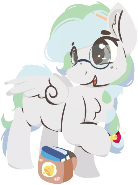 Size: 777x1043 | Tagged: safe, artist:rhythmpixel, derpibooru import, oc, oc:river chime, unofficial characters only, pegasus, bag, bells, book, female, freckles, glasses, hair tie, image, lineless, png, simple background, solo, transparent background, younger