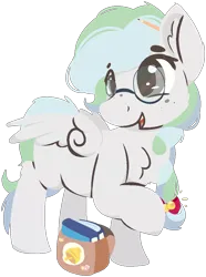 Size: 777x1043 | Tagged: safe, artist:rhythmpixel, derpibooru import, oc, oc:river chime, unofficial characters only, pegasus, bag, bells, book, female, freckles, glasses, hair tie, image, lineless, png, simple background, solo, transparent background, younger