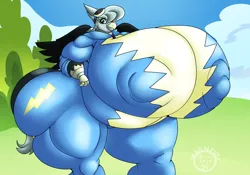 Size: 2400x1680 | Tagged: suggestive, artist:mad'n evil, derpibooru import, part of a set, oc, oc:mai, unofficial characters only, anthro, gryphon, belly, big belly, big breasts, bingo wings, breasts, butt, clothes, commission, fat, female, goggles, griffon oc, high res, huge belly, huge breasts, huge butt, hyper, hyper breasts, image, impossibly large breasts, large butt, obese, overweight, png, smiling, solo, solo female, spread wings, thighs, thunder thighs, uniform, wings, wonderbolts, wonderbolts uniform