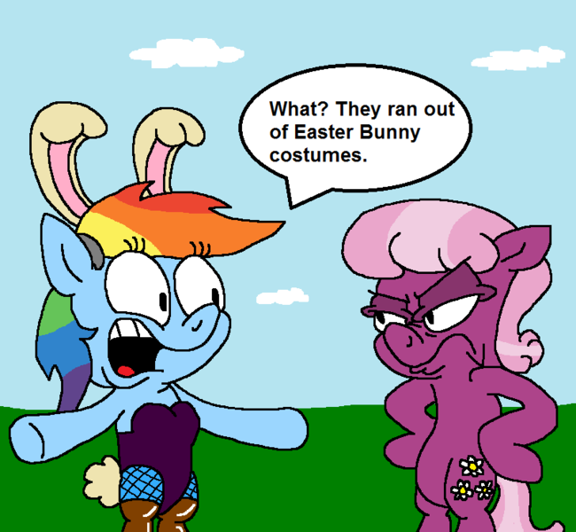 Size: 802x740 | Tagged: safe, artist:dragonboi471, artist:rainbowdashsmailbag, derpibooru import, cheerilee, rainbow dash, pony, bunny suit, clothes, easter, holiday, image, playboy bunny, playboy bunny rainbow dash, png