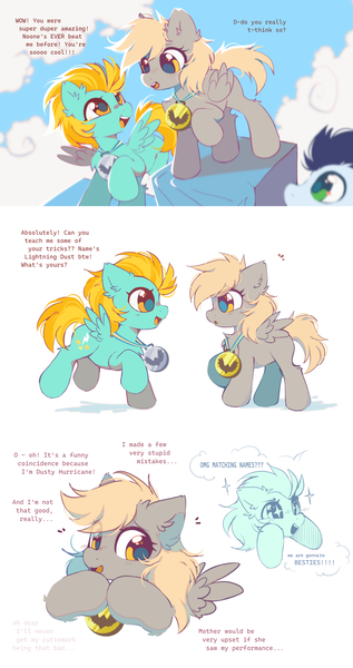 Size: 2048x3872 | Tagged: safe, artist:mirtash, derpibooru import, derpy hooves, lightning dust, soarin', pegasus, pony, parental glideance, alternate name, alternate universe, blonde mane, blonde tail, blue coat, blue mane, blushing, bust, chest fluff, colt, colt soarin', cute, daaaaaaaaaaaw, derpabetes, dialogue, duo, duo female, duo focus, ear fluff, emanata, eye clipping through hair, eyebrows, eyebrows visible through hair, eyelashes, female, filly, filly derpy, filly derpy hooves, filly lightning dust, foal, folded wings, friendshipping, g4, gray coat, green eyes, high res, hooves together, image, leg fluff, long mane, looking at each other, looking at someone, looking away, male, medal, open mouth, open smile, png, profile, raised hoof, shadow, shy, shy smile, simple background, sky background, smiling, smiling at each other, spread wings, standing, starry eyes, tail, talking, teeth, text, trio, underp, weapons-grade cute, white background, wingding eyes, wings, yellow eyes, yellow mane, yellow tail, younger