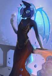 Size: 4119x6000 | Tagged: suggestive, artist:melkaya, derpibooru import, oc, oc:nightwing, unofficial characters only, anthro, bat pony, absurd resolution, anthro oc, background, black dress, blue eyes, blue mane, blue wings, clothes, crossdressing, crotch bulge, dress, drink, eyeshadow, femboy, fishtail dress meme, flower, flower in hair, gold chains, image, lidded eyes, makeup, male, meme, png, solo, solo male, sparkles, wings