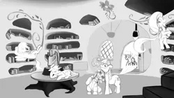Size: 1920x1080 | Tagged: suggestive, artist:flutterfigle, derpibooru import, applejack, fluttershy, pinkie pie, rainbow dash, rarity, twilight sparkle, earth pony, pegasus, pony, unicorn, the ticket master, black and white, clothes, dress, g4, gala ticket, golden oaks library, grayscale, horn, image, library, maid, monochrome, png, unicorn twilight