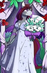 Size: 3000x4600 | Tagged: safe, artist:creed_zachary, derpibooru import, oc, oc:selune darkeye, unofficial characters only, anthro, pony, unicorn, bouquet, bouquet of flowers, clothes, dress, ear fluff, flower, glitter, horn, image, jewelry, jpeg, marriage, redhead, ring, rose, smiling, solo, stars, tail, unicorn oc, veil, wedding, wedding arch, wedding dress, wedding ring, wedding veil