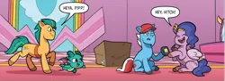 Size: 1569x570 | Tagged: safe, derpibooru import, idw, hitch trailblazer, pipp petals, sparky sparkeroni, unnamed character, unnamed pony, earth pony, pegasus, pony, g5, spoiler:comic, spoiler:g5comic, comic, female, image, male, mare, my little pony: mane event, official comic, png, stallion