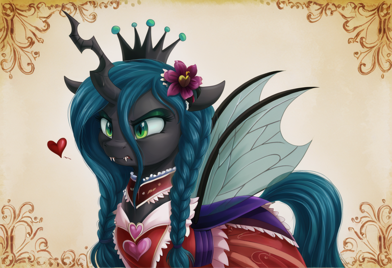 Size: 1216x832 | Tagged: prompter needed, safe, ai content, derpibooru import, machine learning generated, stable diffusion, queen chrysalis, changeling, changeling queen, abstract background, braid, braided pigtails, clothes, crown, cute, cutealis, dress, fangs, female, floating heart, floppy ears, flower, flower in hair, frilly dress, frown, g4, girly, heart, horn, image, insect wings, jagged horn, jewelry, pigtails, png, regalia, slit pupils, solo, upper body, wings
