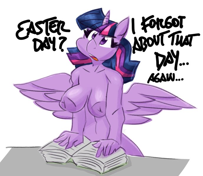 Size: 3000x2613 | Tagged: questionable, artist:flutterthrash, derpibooru import, twilight sparkle, twilight sparkle (alicorn), alicorn, anthro, plantigrade anthro, bangs, belly button, book, breasts, dialogue, female, horn, image, jpeg, midriff, nipples, nudity, open mouth, simple background, solo, solo female, table, white background, wings