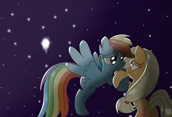 Size: 2200x1500 | Tagged: safe, artist:thatcreepybird, derpibooru import, applejack, rainbow dash, earth pony, pegasus, pony, appledash, duo, female, flying, g4, holding hooves, image, lesbian, night, png, shipping, wingding eyes, wings