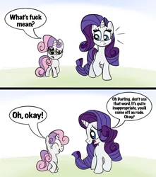 Size: 1150x1299 | Tagged: safe, artist:thatcreepybird, derpibooru import, rarity, sweetie belle, pony, unicorn, comic, cropped, duo, emanata, female, horn, image, jpeg, simple background, vulgar, white background