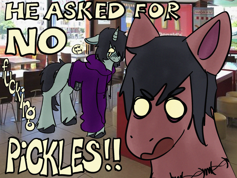 Size: 1890x1417 | Tagged: safe, artist:clandestine, derpibooru import, ponified, pegasus, pony, unicorn, angry, asked for no pickles, clothes, colored pinnae, crying, derpibooru exclusive, ears up, embarrassed, emo, fall out boy, floppy ears, hair covering face, hoodie, horn, image, male, mcdonald's, meme, pete wentz, photo, png, shy, skrillex, speech bubble, stallion, swearing, tail, tattoo, text, vulgar, yelling