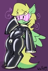 Size: 809x1200 | Tagged: suggestive, artist:wallswallswalls, ponerpics import, ponybooru import, oc, unofficial characters only, pony, clothes, crotch bulge, image, jpeg, latex, latex suit, male, mind control