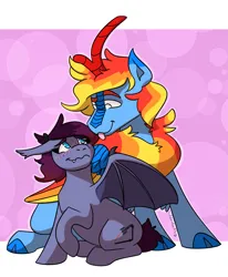 Size: 1615x1961 | Tagged: safe, alternate version, artist:hiddenfaithy, derpibooru import, oc, oc:icarus fyrewing, oc:xebec, unofficial characters only, bat pony, kirin, pony, winged kirin, :p, blushing, commission, image, png, simple background, sitting, tongue out