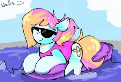 Size: 1200x812 | Tagged: safe, artist:wallswallswalls, ponerpics import, ponybooru import, oc, unofficial characters only, pony, clothes, glasses, image, jpeg, sunglasses, swimming pool, swimsuit
