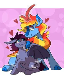 Size: 1615x1961 | Tagged: safe, alternate version, artist:hiddenfaithy, derpibooru import, oc, oc:icarus fyrewing, oc:xebec, unofficial characters only, bat pony, kirin, pony, winged kirin, :p, blushing, commission, feather, heart, image, magic, png, simple background, sitting, tickling, tongue out