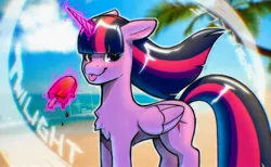 Size: 2048x1264 | Tagged: safe, artist:izalith_itxi, derpibooru import, twilight sparkle, twilight sparkle (alicorn), alicorn, pony, beach, chest fluff, female, food, glow, glowing horn, horn, image, jpeg, popsicle, solo