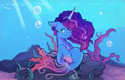 Size: 763x492 | Tagged: safe, artist:kreeeeeez, derpibooru import, pony, seapony (g4), unicorn, g5, bubble, coral, crepuscular rays, curly mane, cute, digital art, female, fish tail, floppy ears, flowing mane, flowing tail, freckles, green eyes, horn, image, looking at you, mare, misty brightdawn, ocean, png, rebirth misty, reef, rock, scales, seaponified, seapony misty brightdawn, seaweed, set your sail, sitting, smiling, smiling at you, solo, species swap, sunlight, tail, underwater, unshorn fetlocks, water