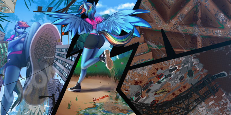Size: 7000x3500 | Tagged: semi-grimdark, artist:darky_wings, derpibooru import, rainbow dash, anthro, pegasus, plantigrade anthro, pony, blood, clothes, crushing, death, dirt, dirty, feet, female, fetish, foot fetish, foot focus, forest, forest background, giantess, image, jogging, macro, micro, offscreen character, png, pov, shoes, stomping, tree, underfoot, zoom layer