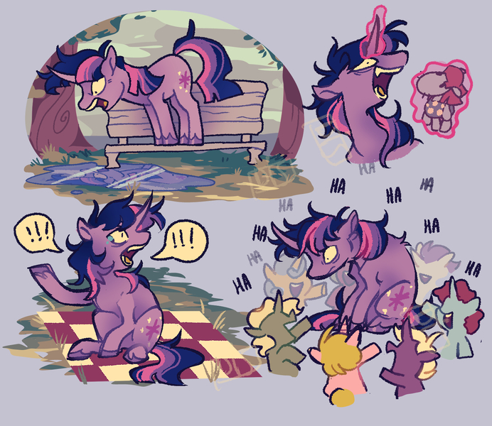Size: 1500x1300 | Tagged: safe, artist:disaterror, derpibooru import, smarty pants, twilight sparkle, pony, unicorn, lesson zero, alternate hairstyle, back fluff, bags under eyes, bench, colored hooves, crying, exclamation point, fangs, female, foal, g4, glow, glowing horn, group, horn, hunched over, image, jpeg, laughing, long mane, long tail, magic, mare, messy mane, messy tail, multicolored mane, multicolored tail, open mouth, plushie, profile, purple background, purple coat, raised hoof, reflection, shrunken pupils, simple background, sitting, solo focus, speech bubble, standing, straight mane, straight tail, tail, teeth, telekinesis, twilight snapple, unicorn twilight, unshorn fetlocks, watermark, yelling